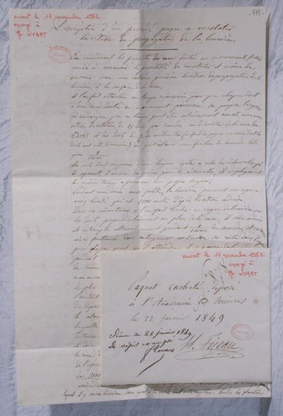 Brev, der beskriver Fizeaus eksperimenter for at bestemme lysets hastighed af Armand Hippolyte Louis Fizeau