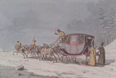 Hest og vogn på slæder fra `Customs and Habits of the Russians