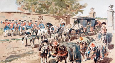 En post-chaisestol, der går ind i en muret bygning og passerer mellem et band og et æseltog af Armand Jean Heins