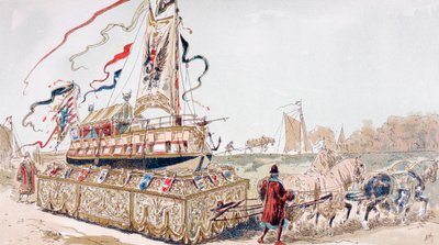 En kongelig pram bliver trukket på en vogn af heste til en kanal i det 16. århundrede af Armand Jean Heins