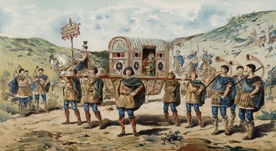 Kuld med eskorte, ledsaget af buccina-spillere. Karl den Stores tid, 9. århundrede af Armand Jean Heins