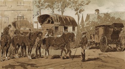 Postvogn, træner for den kongelige hollandske kurertjeneste og vogn, Holland, 1800-tallet af Armand Jean Heins