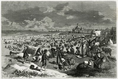 Oostende Strand. Gravering af A.Heins, for at illustrere historien ""La Belgique"", af Camille Lemonnier (1844-1913), forfatter og kunstkritiker. Udgivet i Tour du monde new journal des voyages af Armand Jean Heins