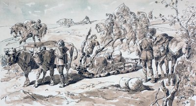 Okser, der trækker en primitiv slæde fyldt med sten, 1886 af Armand Jean Heins