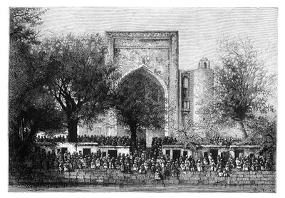 En forsamling foran moskeen i Bukhara, Usbekistan, 1895. af Armand Kohl