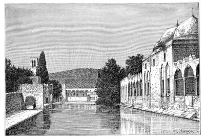 Abrahams moske og springvand, Ofra ved Tayyibah, Vestbredden, Israel, 1895. af Armand Kohl