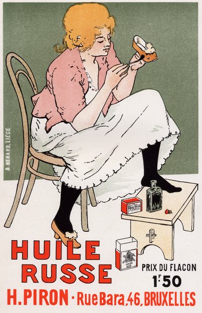 Livsstil. Fashion. Russisk olie, reparation af sko. Plakat af Armand Rassenfosse, Belgien, ca. 1895 (plakat) af Armand Rassenfosse