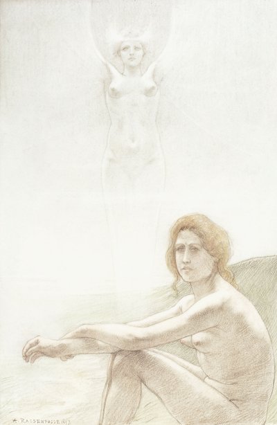 Siddende kvindelig nøgen med spøgelsesagtig kvindefigur i baggrunden af Armand Rassenfosse