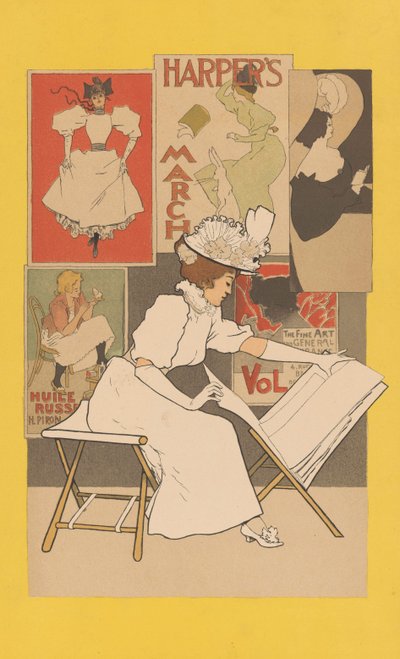 Siddende kvinde på et stativ og ser på tryk, 1897 af Armand Rassenfosse