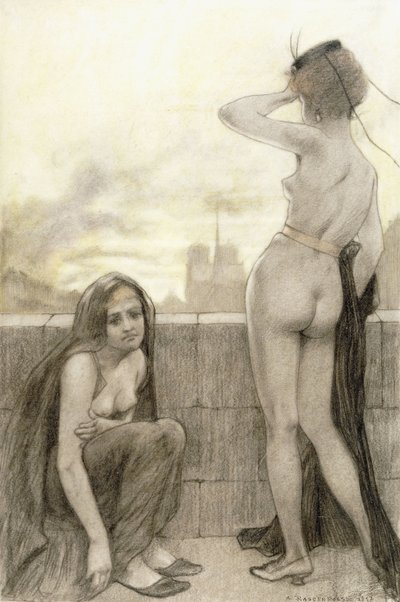 To delvist påklædte kvinder ved en mur i en by af Armand Rassenfosse