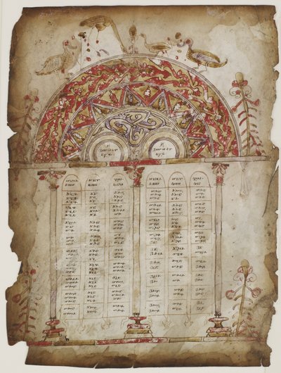 Kanonborde fra et evangelium (ugennemsigtig akvarel, blæk og guld på pergament) af Armenian School