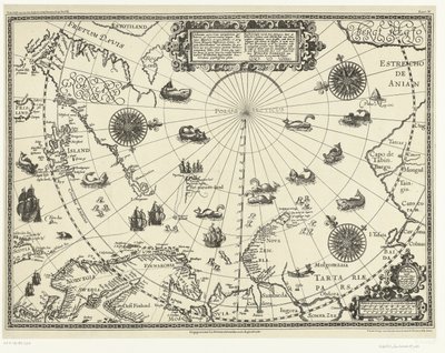 Kort over landene omkring polarcirklen, der viser hollændernes tre rejser, 1598 Beskrivelse af de tre seylagien udført af hollænderne og Noordt syde van Noorweghen, Moscovia, nova Sembla, og gennem delen af ​​Groenlandt på 80. grader af Arnaud A.J. Pistoor
