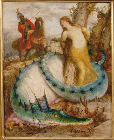 Angelica und der Drache - Angelica og dragen ... (tempera på træ) af Arnold Böcklin