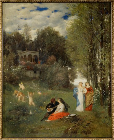 Ideale Fruehlingslandschaft - Ideelt forårslandskab ... (maleri på lærred) af Arnold Böcklin