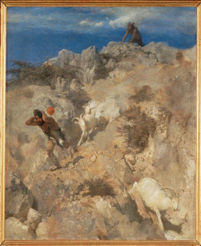 Pan skræmmer en hyrde - Pan skræmmer en hyrde ... (maleri på lærred) af Arnold Böcklin