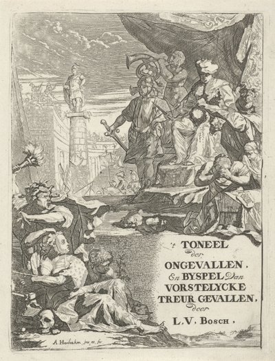 Afhuggede hoveder for en monark på en trone Titelside for: L. van den Bos, Ulykkesteatret og sidespil af vorstelycke sorg, 1699 af Arnold Houbraken