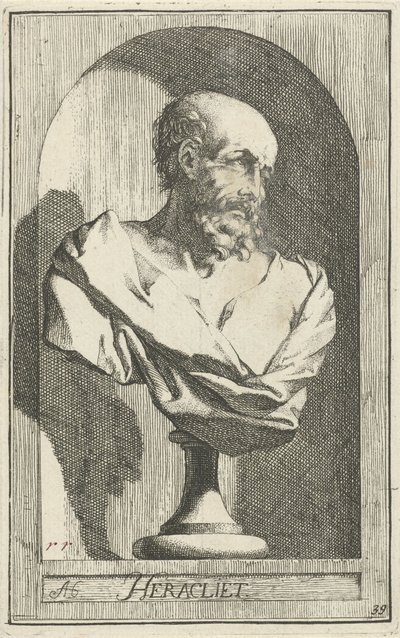 Buste af Heraklit Heraklit (titel på objekt) Enogfyrre stykker, flere Sinne-statuer (serietitel) af Arnold Houbraken
