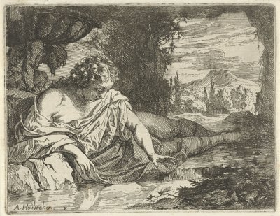 Narcissus Scene med syndestatuer åbnet til tjeneste for malere, statueholdere osv. (serietitel) af Arnold Houbraken