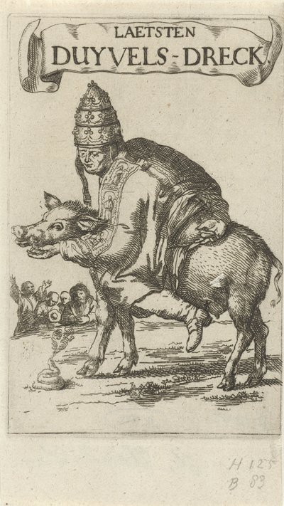 Pause på en gris Titelblad for: J. Lydius, Laetsten duyvels-dreck, 1687 af Arnold Houbraken