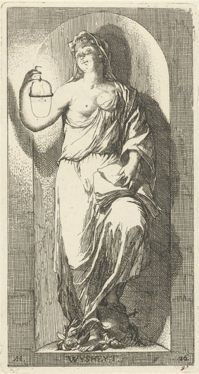 Personificering af visdom Wysheyt (titel på objekt) Enogfyrre stykker, flere Sinne-statuer (serietitel) af Arnold Houbraken