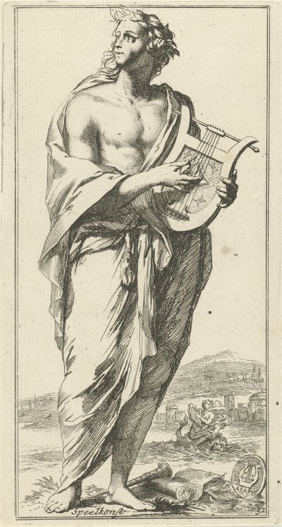 Musik personificering Play art (titel på objekt) Enogfyrre stykker, flere Sinne-statuer (serietitel) af Arnold Houbraken