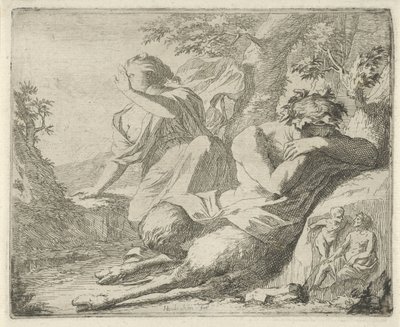 Satyr og kvindelig figur dækker øjnene fra sollys Scene med syndestatuer åbnet til tjeneste for malere, statueholdere osv. (serietitel) af Arnold Houbraken