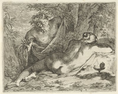Sovende nymfe spioneret af en satyr Syndebilleders teater åbnet til tjeneste for malere, billedholdere osv. (serietitel) af Arnold Houbraken