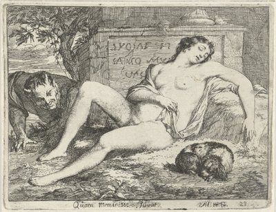 Sovende nymfe med en hund spioneret af en satyr Quam meminisse Juvat (titel på objekt) Scene med syndestatuer åbnet til tjeneste for malere, statueholdere osv. (serietitel) af Arnold Houbraken