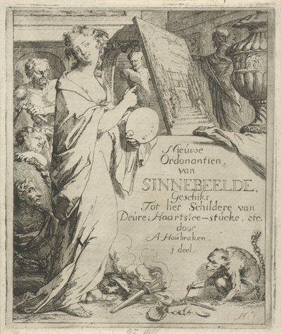 Kvindefigur med palet, der peger på et maleri Titeltryk af: Toneel van Sinnebeelden, tredje del Ny Ordonantien van Sinnebeelde, Velegnet til maleri af Deure Haartslee-stucke, etc. (titel på objekt) Scene med syndebilleder åbnede for at dø af Arnold Houbraken