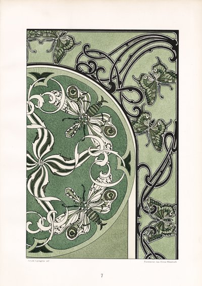 Insektmotiver i grøn ornamental komposition (litografi) af Arnold Lyongrün