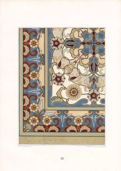 Flerfarvet tæppemønster med stiliserede blomster (litografi) af Arnold Lyongrün