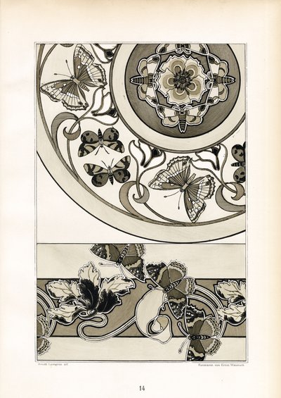 Ornamentale sommerfuglemotiver i monokromt design (litografi) af Arnold Lyongrün