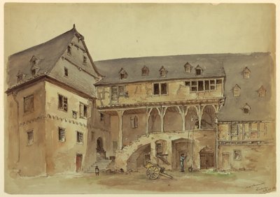 Tegning, gårdsplads på en middelalderlig herregård, ca. 1889 af Arnold William Brunner