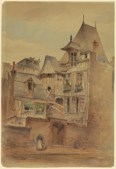 Tegning, Gadescene med middelalderhuse, ca. 1885 af Arnold William Brunner