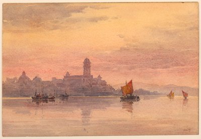 Solnedgang over sejlbåde af Arnold William Brunner