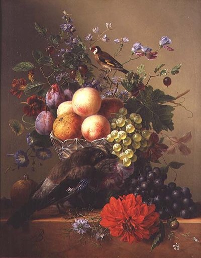 Stilleben med frugt og blomster af Arnoldus Bloemers