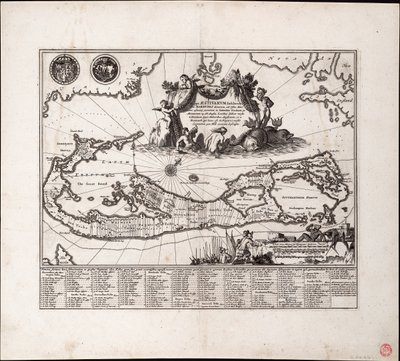 Mappa Aestivarum Insularum, alias Barmudas dictarum. Enkelt ark, gravering. af Arnoldus Montanus