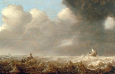Fiskerbåde på et oprørt hav af Arnoldus van Anthonissen