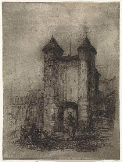 Udsigt over Helpoort i Maastricht, set fra marksiden Porte du Jaer (titel på objekt) af Arnoud Schaepkens