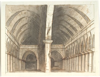 Interiør af underetagen i en kirke (?) med søjler og hvælv af Aron Wallick