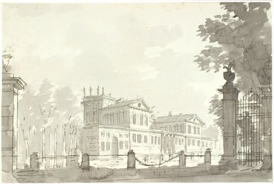 Palads i indhegnet park, t.h. en gitterlåge af Aron Wallick