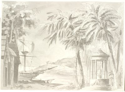 Tropisk kystlandskab med palmer, skib og lille tempel (Buddha?) af Aron Wallick