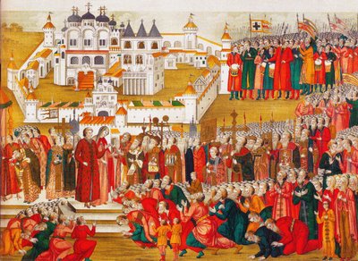 En folkemængde ved Hypatian Monastery bønfalder Mikhail Romanovs mor om at lade ham tage til Moskva og bec af Artamon Sergeevich Matveyev