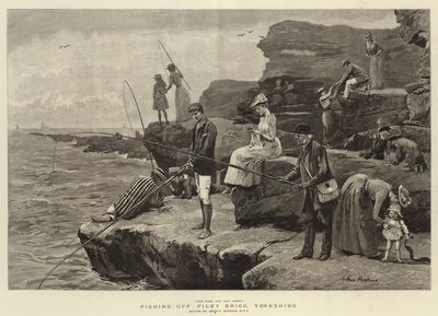 Fiskeri ud for Filey Brigg, Yorkshire (gravering) af Arthur (after) Hopkins