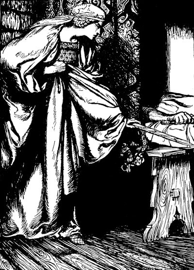 Morgan le Fay stjæler Arthurs sværd af Arthur (after) Rackham