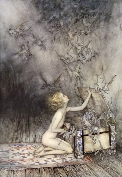 Åbning af Pandoras æske, scene fra A Wonder Book, af Nathaniel Hawthorne (farve litho) af Arthur (after) Rackham