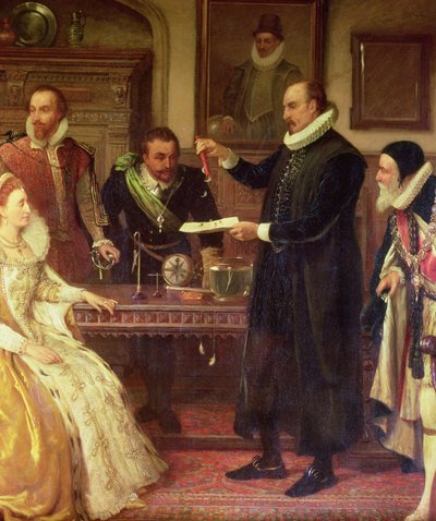 Dr. William Gilbert 1544-1603 viser sit eksperiment med elektricitet til dronning Elizabeth I og hendes hof, detalje af Gilberd, olie på lærred fra det 19. århundrede af Arthur Ackland Hunt