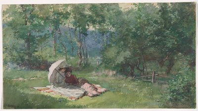 To kvinder læser på en mark af Arthur Bowen Davies