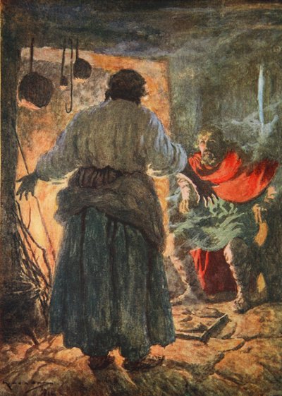 Alfred bliver skældt ud for at brænde kagerne (farve litho) af Arthur C. (after) Michael
