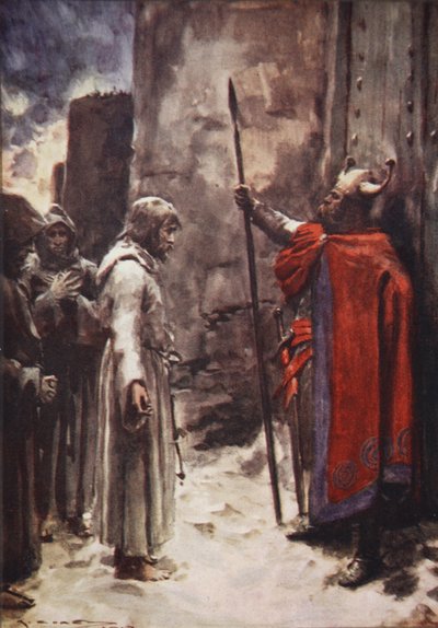 Barfodet, iklædt en hårskjorte, dukkede Henry op foran portene og tryglede om adgang, illustration fra 